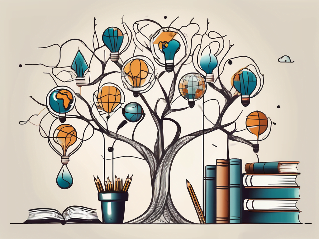 A tree with various educational tools such as books