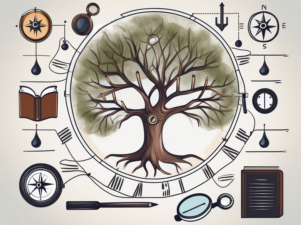 A tree with various educational tools like a magnifying glass